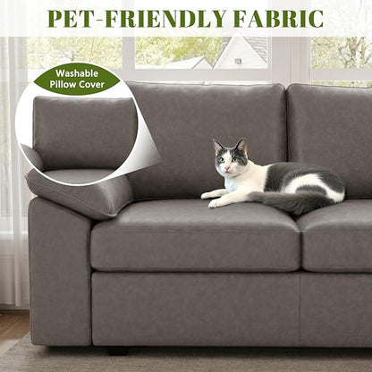 85 Inch Faux Leather Modular Sectional Sofa with Pull Out Bed, L Shaped 5 Seat Sectional Sleeper Sofa with Storage, Sectional Couches for Living Room, Cloud Modular Couch,Gray Leather