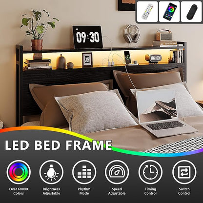 VINGLI Queen Platform Bed Frame with 4 Storage Drawers and Adjustable Headboard Shelf, Metal Bed with Charging Station and LED Lights, No Box Spring Needed, Noise Free, Easy Assembly, Black