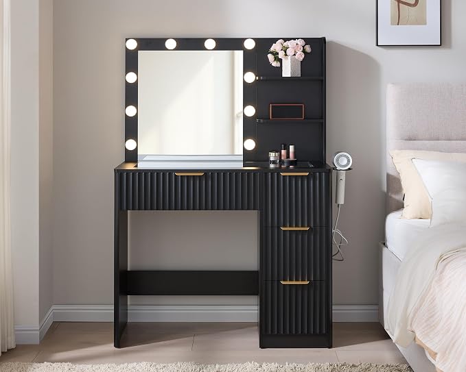AMERLIFE 36.2" Fluted Vanity Desk with Mirror and Adjustable LED Lights, Large 4 Drawers Makeup Vanity Table with Glass Top and Charging Station for Women and Girls, Bedroom or Dorm, Black