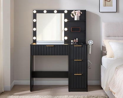 AMERLIFE 36.2" Fluted Vanity Desk with Mirror and Adjustable LED Lights, Large 4 Drawers Makeup Vanity Table with Glass Top and Charging Station for Women and Girls, Bedroom or Dorm, Black