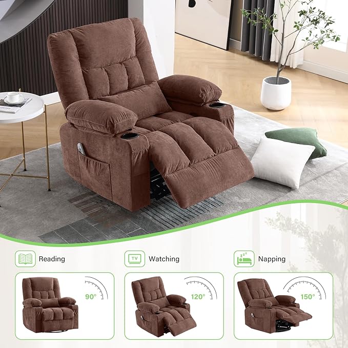 BOSMILLER 360° Swivel Rocker Recliner Chair for Adults,Oversized Recliner Chair with Massage and Heating, Manual Nursery Glider Recliner with Cup Holder and Side Pocket for Living Room, Bedroom