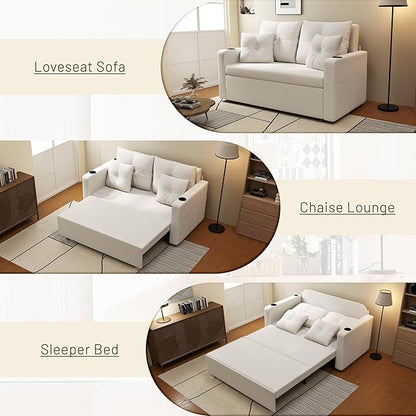 Krcix 3 in 1 Sofa Bed, 56 Inch Convertible Pull Out Couch, Loveseat Sleeper Sofa with Cup Holders, USB, Side Pockets, Multi-Function Couch Bed for Living Room, Apartment, Beige