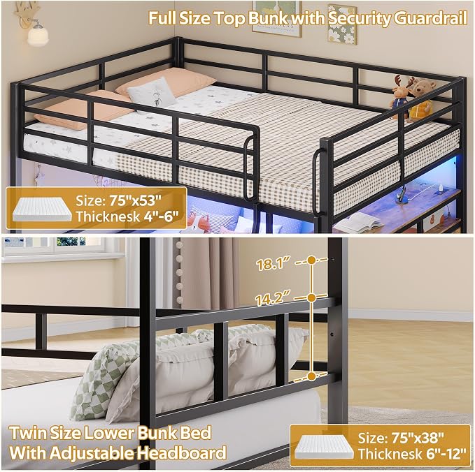 busyaeh Bunk Bed Full Over Twin,Low Bunk Bed with 8 Drawers & 4 Shelves & 15" H Safety Guardrail,bunk Bed with Desk & LED Lights and Charging Station,L-Shaped Bunk Beds with Stairs,Vintage Brown