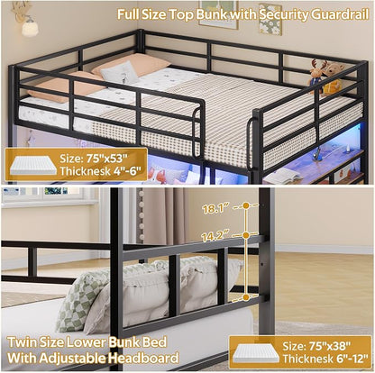 busyaeh Bunk Bed Full Over Twin,Low Bunk Bed with 8 Drawers & 4 Shelves & 15" H Safety Guardrail,bunk Bed with Desk & LED Lights and Charging Station,L-Shaped Bunk Beds with Stairs,Vintage Brown