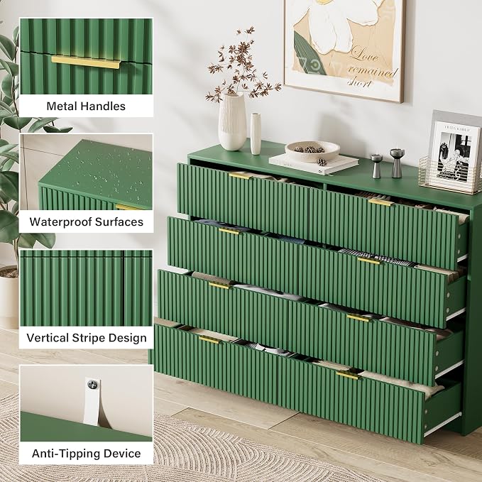 Furniway Green Dresser for Bedroom, Modern Dresser with 8 Drawers and Smooth Slides, Wide Chest of Drawers with Golden Handles for Bedroom, Closet, 15.7" D x 55" W x 37.4" H