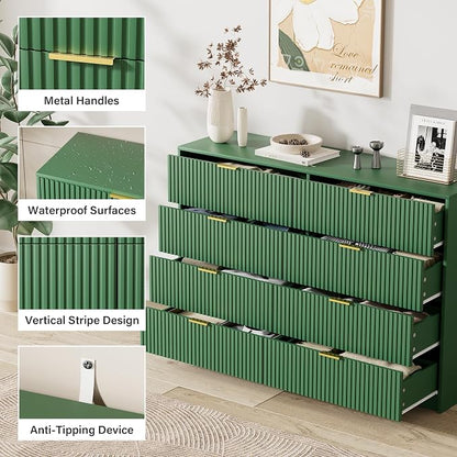 Furniway Green Dresser for Bedroom, Modern Dresser with 8 Drawers and Smooth Slides, Wide Chest of Drawers with Golden Handles for Bedroom, Closet, 15.7" D x 55" W x 37.4" H