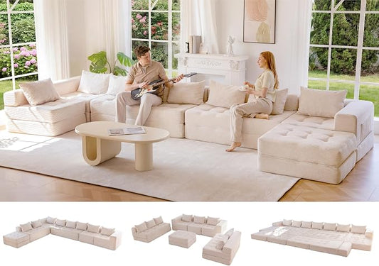 MAXYOYO Modular Sectional Sofa Couch, Foldable Oversized U Shaped Cloud Couch with Pillows, Tufted Boneless Lounger Floor Sofa Bed for Living Room, No Assembly Required, Beige