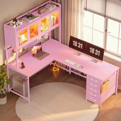 SEDETA L Shaped Gaming Desk with Drawers, L Shaped Computer Desk with Hutch and Storage Shelves, Gaming Desk with Pegboard, Led Lights, and Power Outlet, Home Office Desk, Corner Desk, Pink