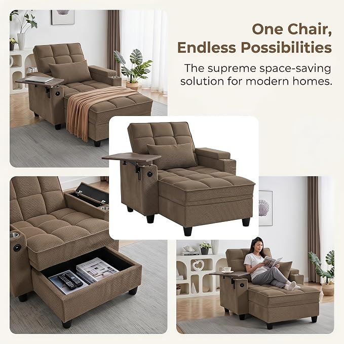 Convertible Sleeper Chair, Pull Out Sofa Bed with Adjustable Backrest & Hidden Storage Armrest, Single Sofa Recliner with USB Charging Port & Cup Holders for Living Room, Bedroom, Coffee