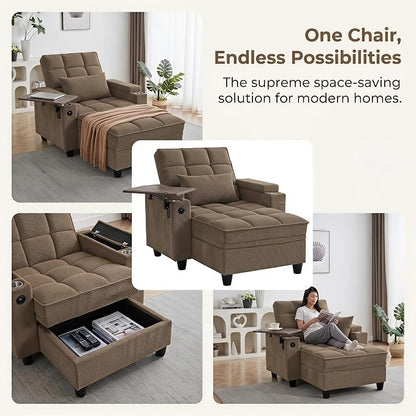 Convertible Sleeper Chair, Pull Out Sofa Bed with Adjustable Backrest & Hidden Storage Armrest, Single Sofa Recliner with USB Charging Port & Cup Holders for Living Room, Bedroom, Coffee