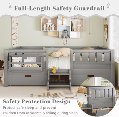 Bellemave Queen Bed with Storage Drawers & Bookshelf, Low Profile Kids Bed Frame with Staircase & Full Length Guardrails, Solid Wood Queen Bed for Kids with Slats Load 550LBS, Easy Assembly, Grey