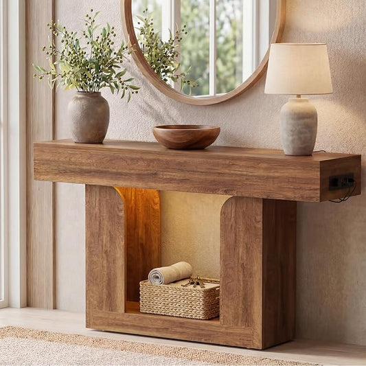 Homieasy Console Table, 47" Entryway Table with LED Lights & Charging Station, Farmhouse Wooden Sofa Table Behind Couch, Narrow Hallway Table for Living Room, Foyer, Entry, Rustic Oak