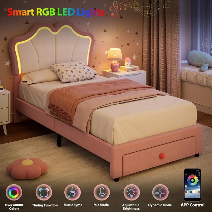 Garvee Twin Bed Frame with Storage, Upholstered LED Bed Frame with Headboard, Cute Velvet Platform Bed Frame for Kids, Girls, Solids Wood Slats Support, No Box Spring Needed, Easy Assembly, Pink+White