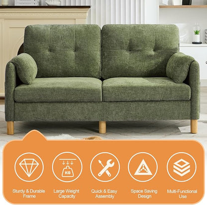 WUTUTUEE 65" Chenille Modern Loveseat Sofa, Upholstered 2-Seater Love Seat Couch with Armrest Pillows, Storage Pockets, Easy Assembly, Tufted Loveseat Couches for Living Room Bedroom, Green