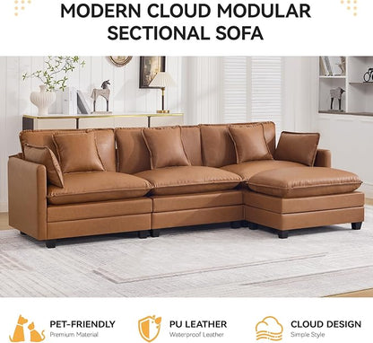 111'' Sectional Cloud Deep Seat Couch, Modern Comfy Leather L Shaped Sectional Sofa for Living Room Set, Upholstered Modular 4-Seats Sofa Couch with 1 Movable Ottoman, Leather Light Brown