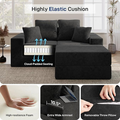 Cloud Modular Sectional Sofa, Comfy Boneless Couch for Living Room, Modern L-Shaped Couch with Reversible Chaise, Customizable Sleeper Sofa with Non Slip, No Assembly & Deep Seat, Black