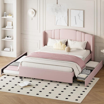 Merax Queen Size Platform Bed Frame with Twin Trundle, Storage 2 Drawers and Upholstered Headboard, No Box Spring Needed