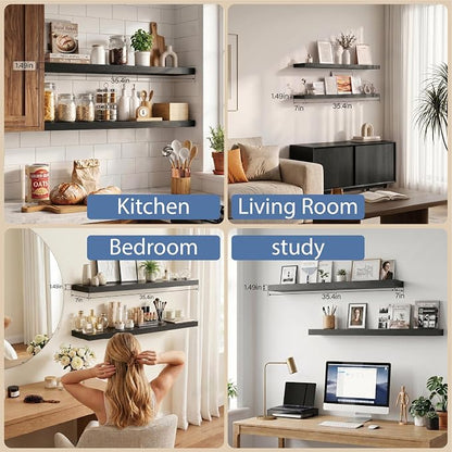 Floating Shelves for Wall, Bathroom Shelves Over Toilet, Wall Shelves & Book Shelf for Room, Hanging Shelf, Modern Wooden Mounted Floating Shelves, 36x7x1.5 in (Black, Set of 2)