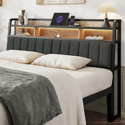 King Headboard Only with Storage, Upholstered Headboards for King Size Bed with LED Light, Charging Station, Height Adjustable, Sturdy and Stable Headboard, Black & Brown