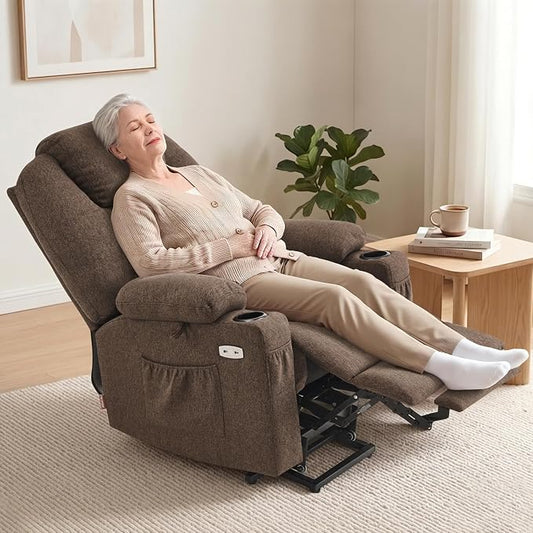 MCombo Small Power Lift Recliner Chair Sofa with Massage and Heat for Petite Elderly, 3 Positions and USB Ports, Extended Footrest, Fabric 7141 (Coffee)