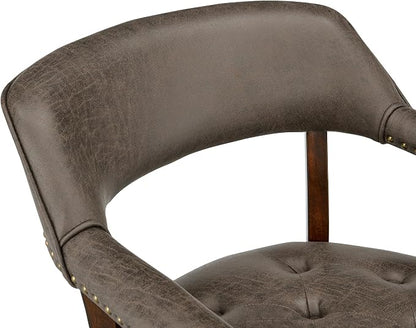 LEEMTORIG Dining Chairs with Casters and Arms, Upholstered Rolling Dining Chairs with Wheels for Elderly, Ergonomic Wide Seat Wooden Office Chair, 26"Dx25.2"W, Cherry Legs&Dark Brown Fabric SY-1533-DK
