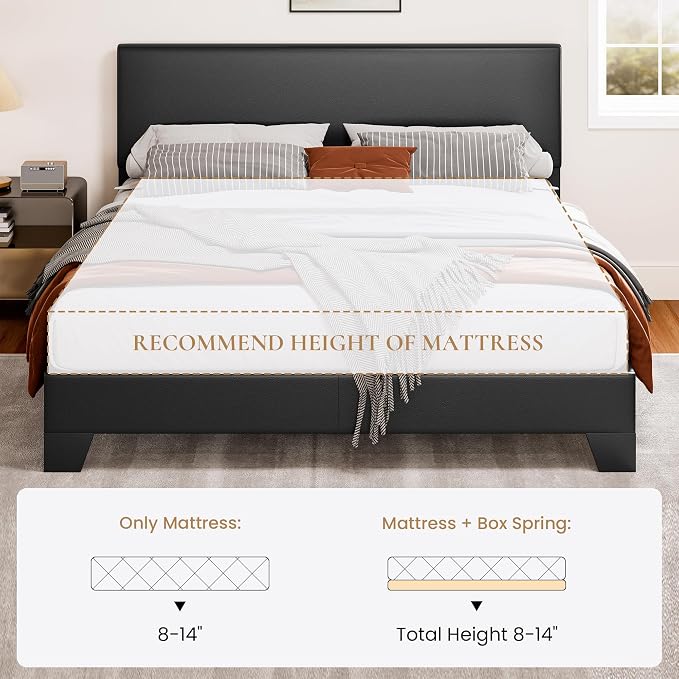 SHA CERLIN PU Leather Upholstered Full Size Bed Frame with Headboard, Black | Adjustable Low-Profile Platform Bed, Minimalist Design, Stable Mattress Foundation, Strong Back-Support, No Box Spring Needed
