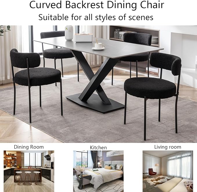 Cinxzar Black Boucle Dining Chairs Set of 2, Upholstered Dining Room Chairs with Black Metal Legs, Round Modern Dining Chair for Dining Room, Kitchen