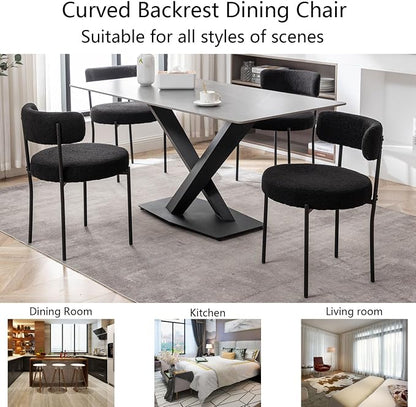 Cinxzar Black Boucle Dining Chairs Set of 2, Upholstered Dining Room Chairs with Black Metal Legs, Round Modern Dining Chair for Dining Room, Kitchen
