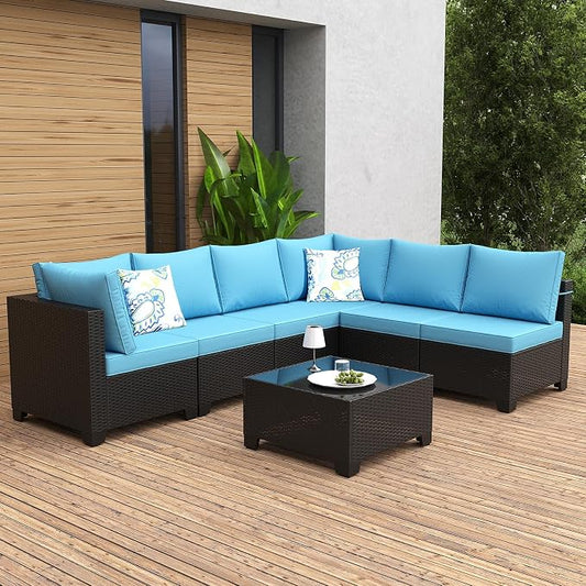 Outdoor Patio Furniture Set, Wicker Patio Chairs with Thick Cushions (Coffee and Peacock Blue, 7pcs Sofa Set)