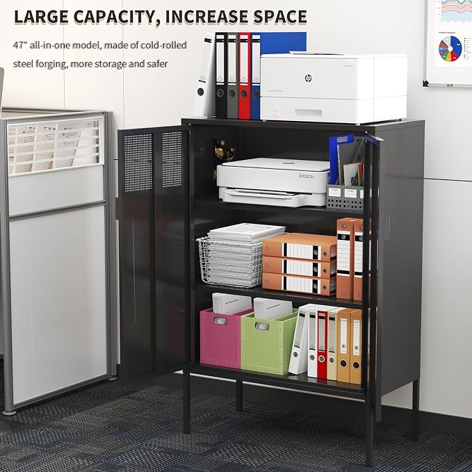 Black Metal Storage Cabinet with 2 Doors - 47''H Locker Cabinet, 3 Tier Locker Door with Adjustable Shelves,Metal Sideboard for Home, Living Room,Office Kitchen and Bathroom