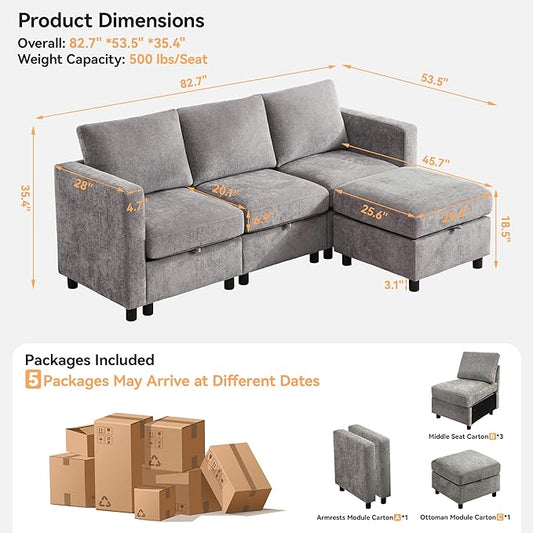WUTUTUEE 83' Modular Sectional Sofa Convertible L Shaped Couch Set for Living Room, 4 Seat Storage Modular Sofa with Movable Ottoman, Chenille(Light Grey)
