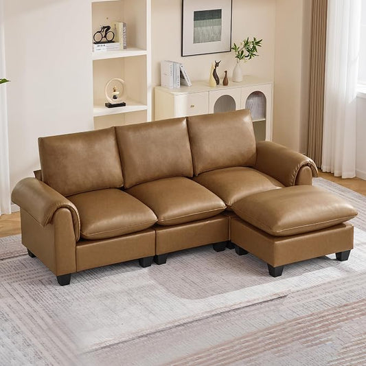 96" Faux Leather Modular Sectional Sofa with Movable Ottoman, Oversized 3 Seater Couch with Curved Armrests, Cloud Modern L-Shaped Sofa Deep Seat for Living Room, Light Brown