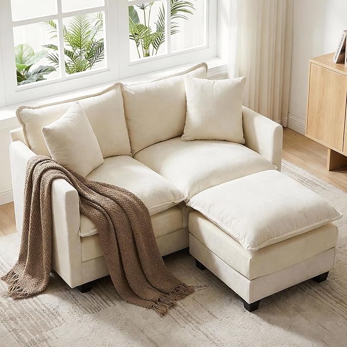 52" Loveseat Sofa, L-Shaped Cloud Couch with Ottoman, Comfy Chenille Love Seat with 2 Pillows, Small Loveseat for Small Spaces, Living Room, Bedroom,Apartment and Office, Beige