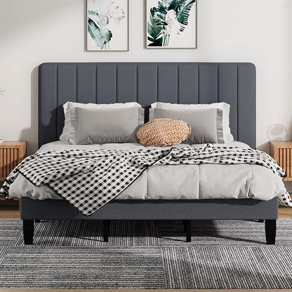 King Size Bed Frame with Headboard, Platform Bed with Soft Linen Upholstered Headboard | Wooden Slats Support | Adjustable Height | No Box Spring Needed, King Bed Frame Grey