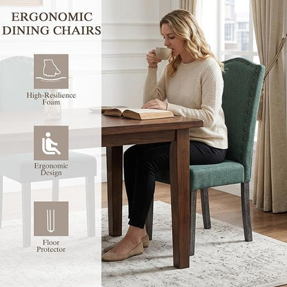LSSBOUGHT Fabric Dining Chair Upholstered Parsons Kitchen Chair with Copper Nails and Solid Wood Legs for Dining Room,Restaurant (Green, 4PCS)