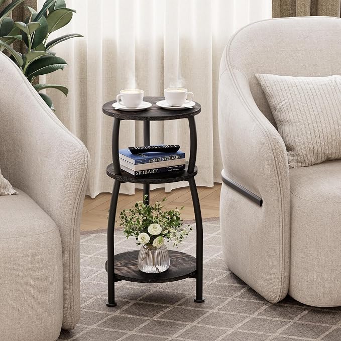 Small Round Side Table, 3-Tier End Table with Storage Shelf, Slim Sofa Table Coffee Table, Sturdy & Easy Assemble Nightstand for Small Spaces, Living Room Bedroom Corner, Oak Dark