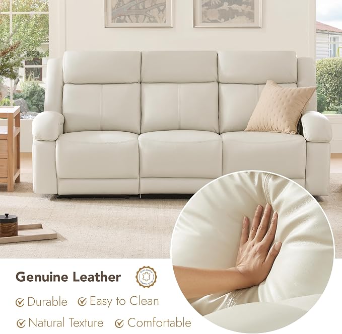 Watson & Whitely Power Reclining Sofa and Loveseat Sets, Genuine Leather Sofa Recliner Couch Set with Power Headrest, Storage Console, USB Ports, Cup Holders, Living Room Furniture Set, Cream