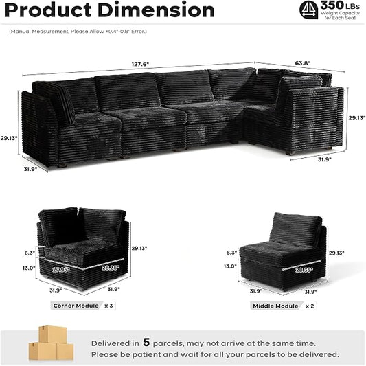ovios Modular Sectional Sofa Couch with V-Shape Chaise Convertible, Comfy Plush Corduroy Cloud Couches, Modern Luxury Deep Seat Sofas Set for Living Room, 5-Seater, Black