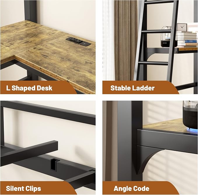 Cryrature Twin Size Loft Bed with L-Shaped Desk & Charging Station,Heavy Duty Metal Twin Loft Bed Frame with Safety Guardrail & Ladders, No Box Spring Needed,Black