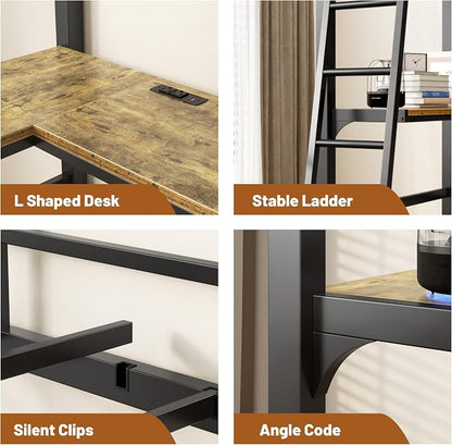 Cryrature Twin Size Loft Bed with L-Shaped Desk & Charging Station,Heavy Duty Metal Twin Loft Bed Frame with Safety Guardrail & Ladders, No Box Spring Needed,Black