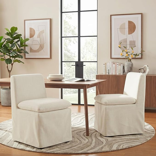 KISLOT Upholstered Dining Chairs Set of 2 with Casters, Modern Armless Kitchen Chairs with Removable Washable Cover, Chenille Velvet Fabric, Sturdy Metal & Wood Frame, 19.5" Seat Height, Linen