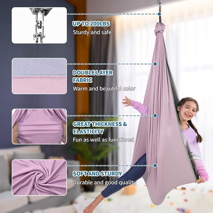 OUTREE Sensory Swing, Double Layer Therapy Swing with 360° Swivel Hanger, Healing & Relaxing Cuddle Sensory Swing for Kids and Adults with Autism, ADHD, Sensory Processing Disorder(Pink and Gray)