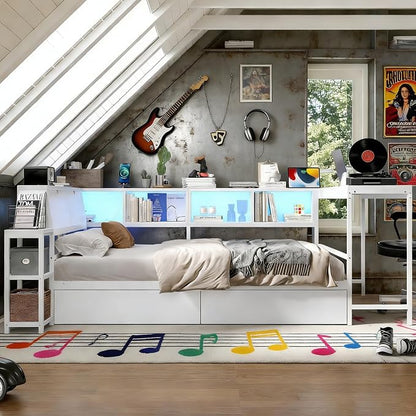 Bellemave Queen Size Corner Bed Frame with Storage Drawers, Bookcase and Side Desk, Queen Corner Bed with Light and Charging Station, Daybed for Bedroom, Living Room, Guest Room White