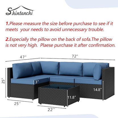 5 Piece Outdoor Patio Furniture Set,Black PE Rattan Wicker Sectional Sofa, All Weather Conversation Set with Washable Cushions & Glass Coffee Table for Backyard Poolside Garden Porch,Navy Blue