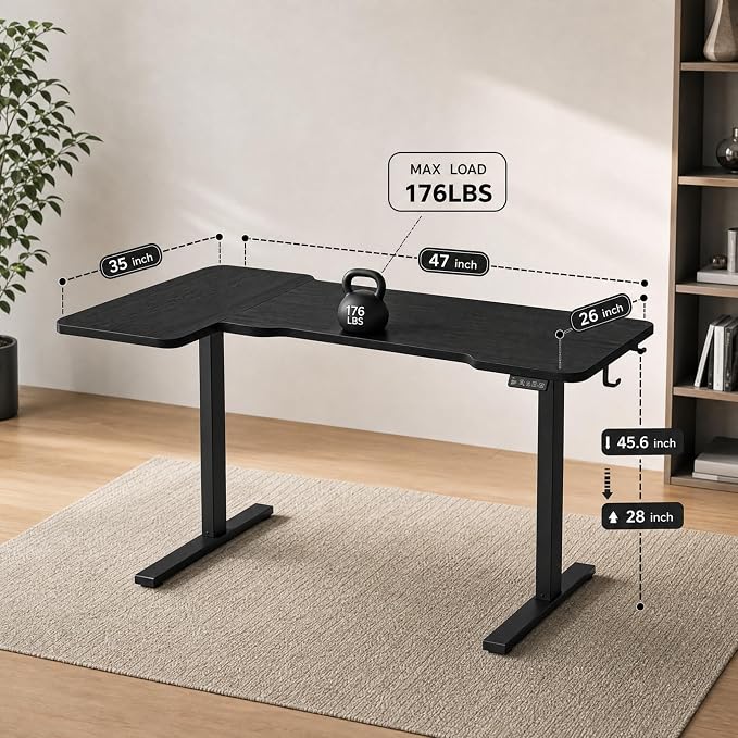 Grandder 47" L Shaped Standing Desk, Electric Height Adjustable Corner Stand Up Desk with Ergonomic Curved Round Corner for Small Apartment Home Office, Black Desktop Black Frame
