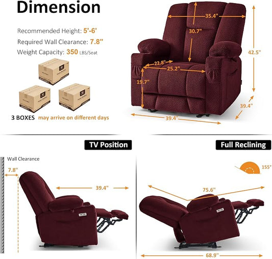 MCombo Oversized Zero Gravity Recliner Chair with Heating and Massage, Power Recliner for Big and Tall with USB & Type C Ports, Cup Holders for Living Room 8017 (Burgundy, Oversized)