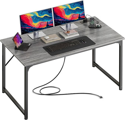 PRAISUN 47 X 24 Inch Deeper Desk with Power Outlets | Computer Desk for Bedroom, Office Desk for Work from Home, Writing Study Gaming Table, Stable Metal Frame, Grey