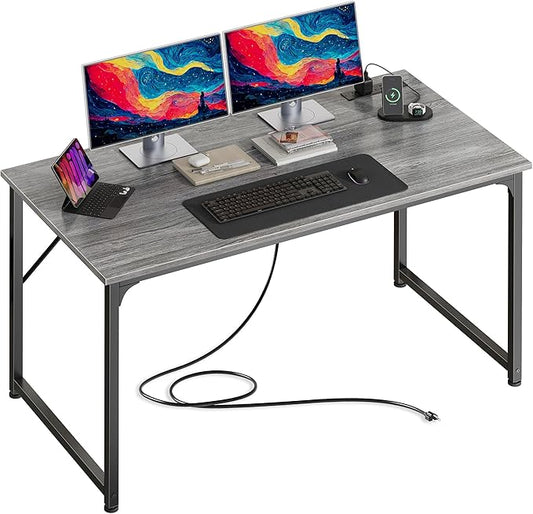 PRAISUN 47 X 24 Inch Deeper Desk with Power Outlets | Computer Desk for Bedroom, Office Desk for Work from Home, Writing Study Gaming Table, Stable Metal Frame, Grey