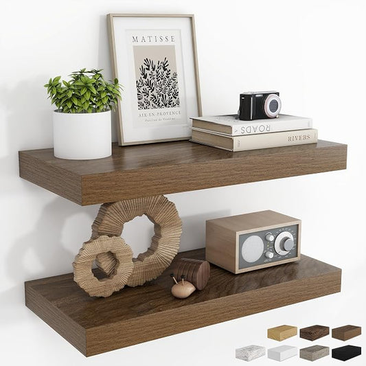 RICHFOCUS 20Inch Floating Shelves for Wall 2 Pack Shelves for Bedroom|Kitchen|Bathroom|Laundry Room Rustic Wood Wall Mounted Shelf with Invisible Brackets for Books|Storage|Decor, Walnut