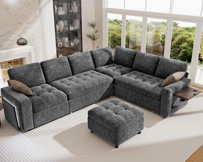 Vipbear 7 Seat L Shaped Modular Sectional Sleeper Sofa Bed with Ottoman/Pull Out Bed/Reclining Backrest/USB Ports/Table/LED Light/Storage Seat, Tool-Free Assembly, Dark Grey